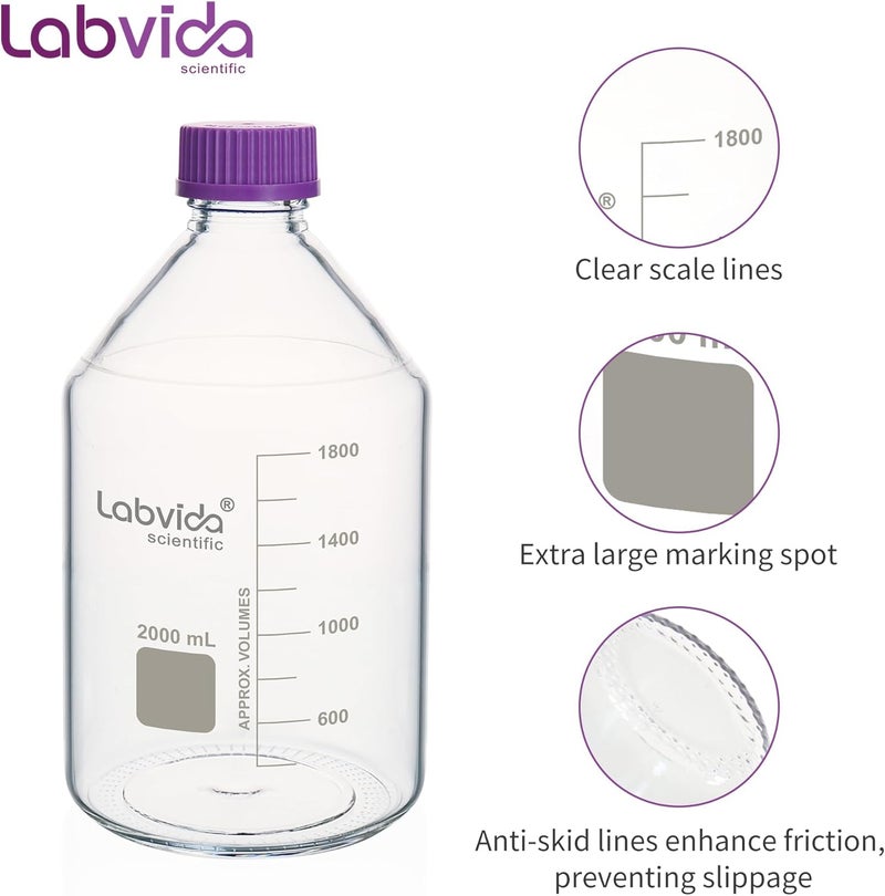 Labvida Glass Round Media Storage Bottles, 2pcs of Vol.2000ml, 3.3 Borosilicate Glass Material, With GL45 Polypropylene Screw Cap in Purple Color, LVAD010 - Image 5